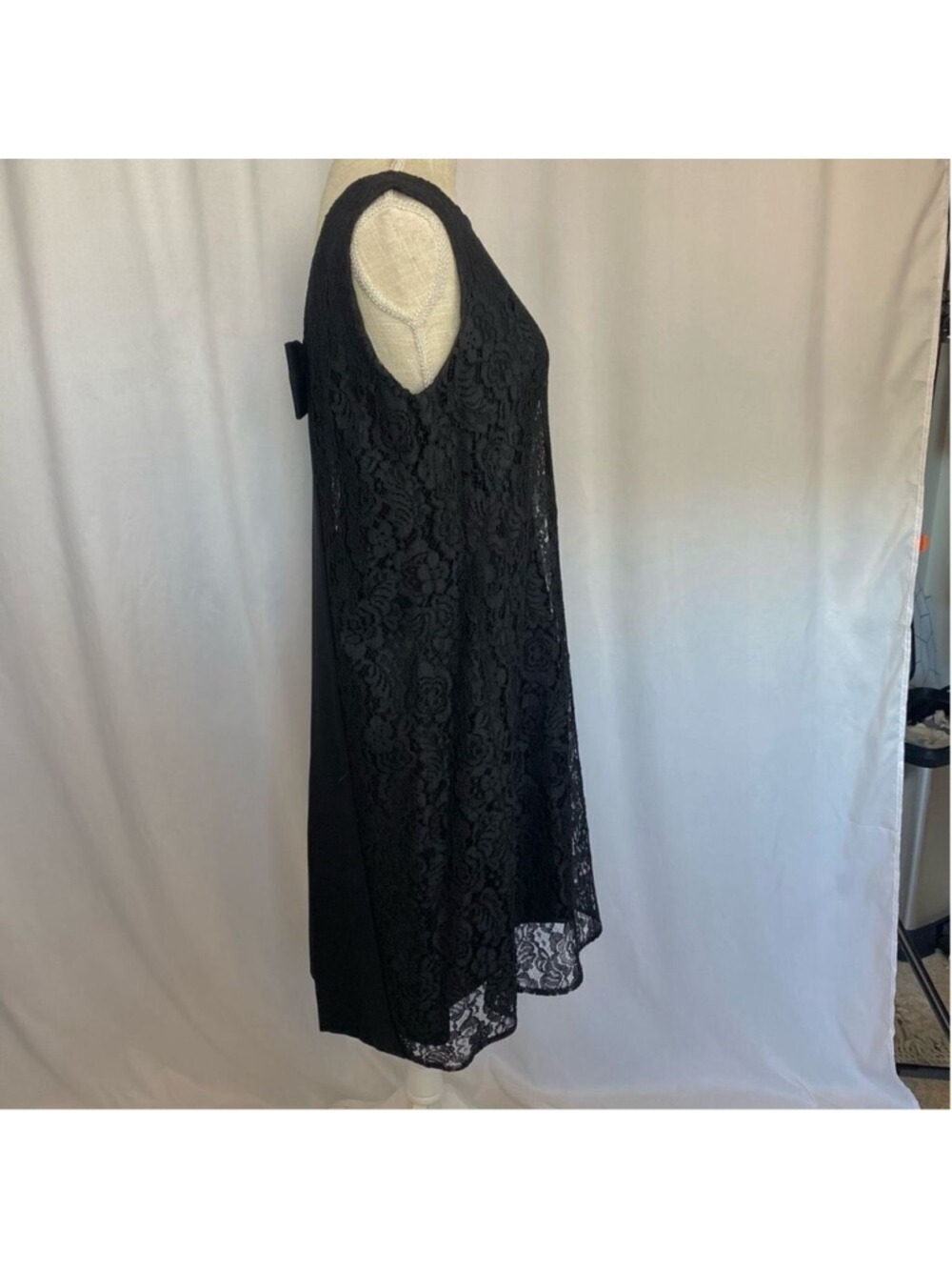 Vintage 60s 50s Black Dress Lace Overlay Sleeveless Bow Union Made Cocktail SZ S - Picture 8 of 13